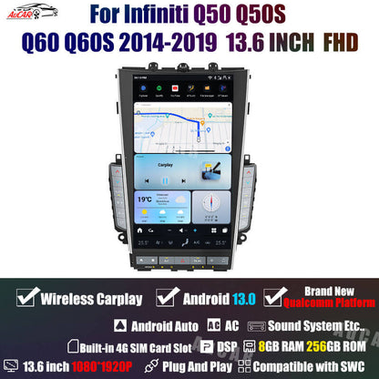 AUCARAUTO Tesla Android 13 13.6" Car Radio GPS Navigation for Infiniti Mark7 MK7 Q50 Q50S Q60 Q60S 2014-2019