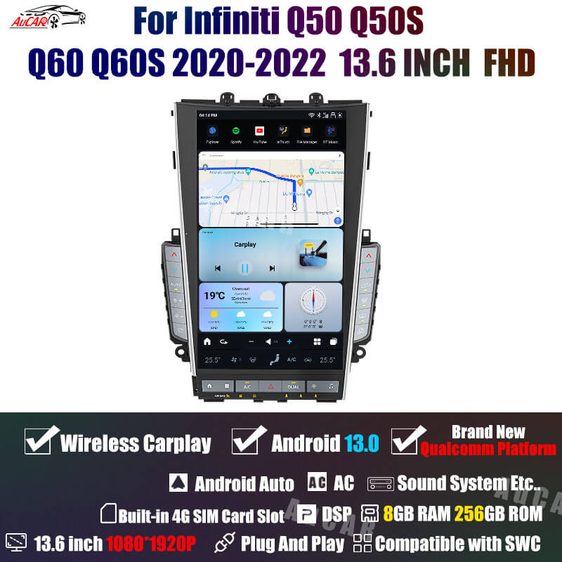 AUCARAUTO Tesla Android 13 13.6" Car Radio GPS Navigation for Infiniti Mark7 MK7 Q50 Q50S Q60 Q60S 2020-2022