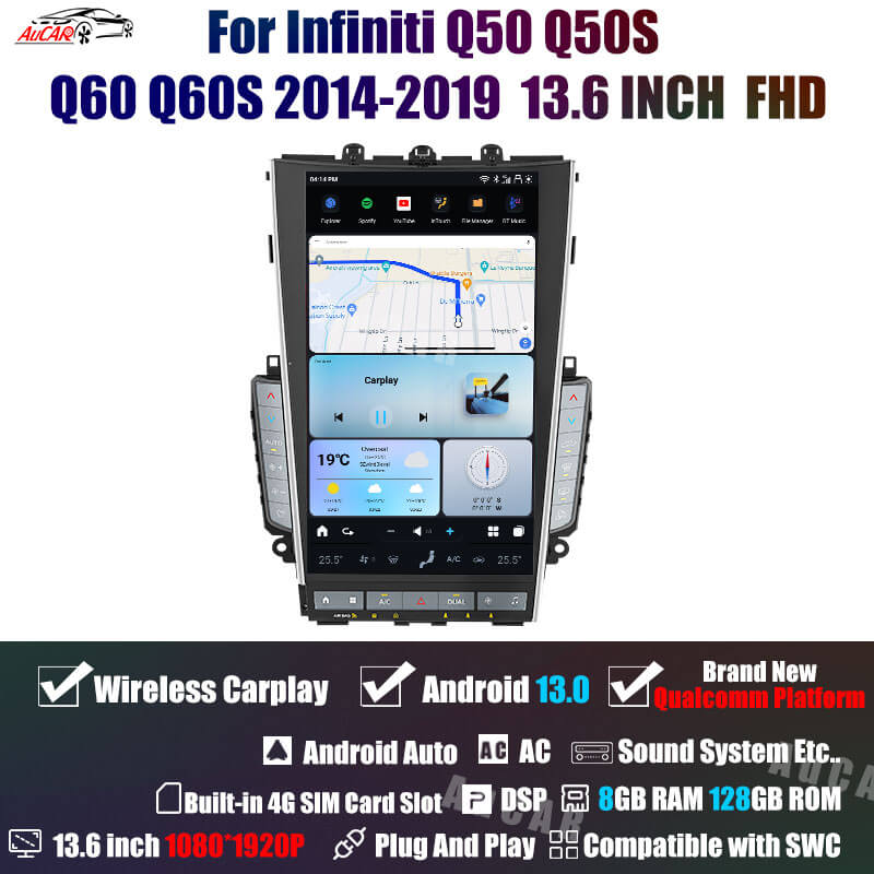 AUCARAUTO Tesla Android 13 13.6" Car Radio GPS Navigation for Infiniti Mark7 MK7 Q50 Q50S Q60 Q60S 2014-2019