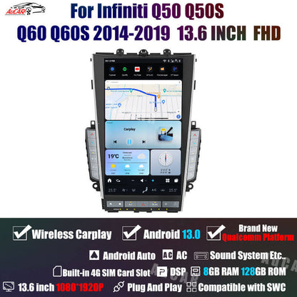 AUCARAUTO Tesla Android 13 13.6" Car Radio GPS Navigation for Infiniti Mark7 MK7 Q50 Q50S Q60 Q60S 2014-2019
