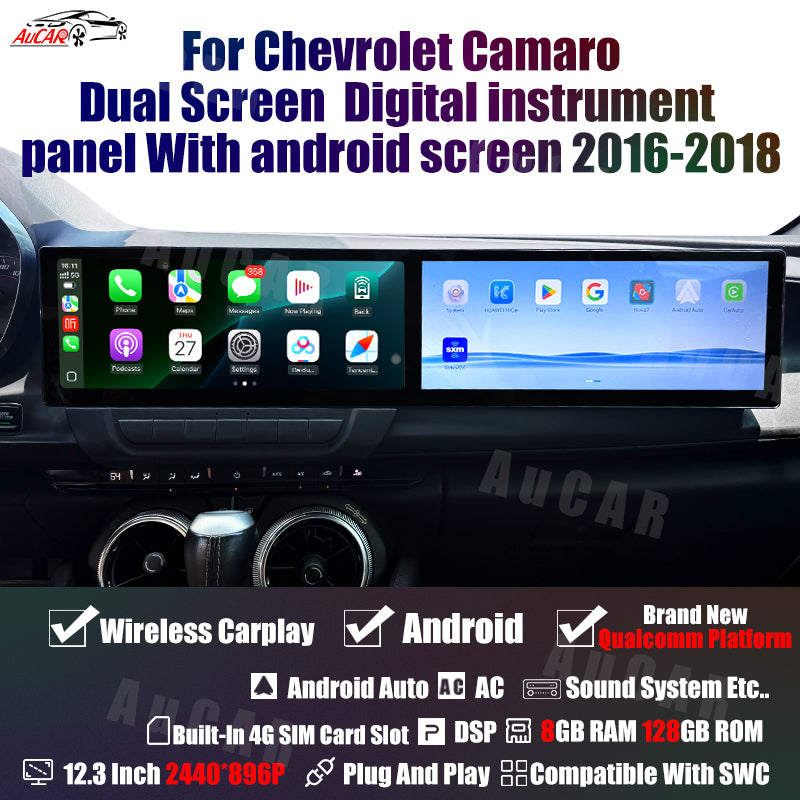 AuCAR Android 12.3" Car radio For Chevrolet Camaro 2016-2023 Dual Screen Digital instrument panel With android screen
