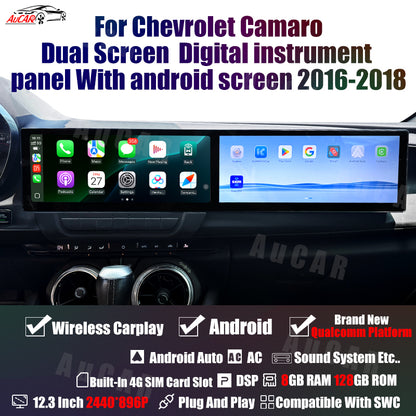 AuCAR Android 12.3" Car radio For Chevrolet Camaro 2016-2023 Dual Screen Digital instrument panel With android screen