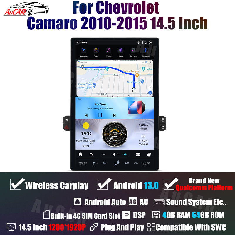 AuCar Tesla Android 13 14.5" Car Radio GPS Navigation For Chevrolet Camaro 2010-2015