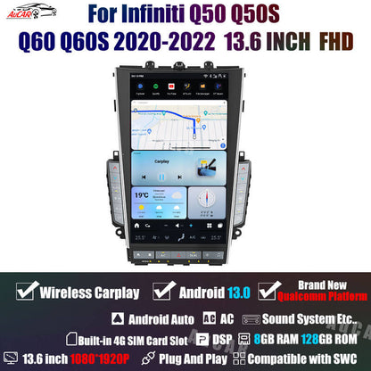 AUCARAUTO Tesla Android 13 13.6" Car Radio GPS Navigation for Infiniti Mark7 MK7 Q50 Q50S Q60 Q60S 2020-2022