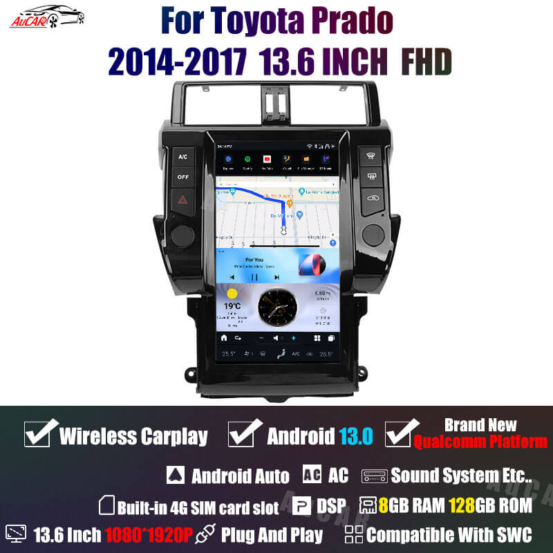 AuCar Tesla Android 13 13.6" Car Radio GPS Navigation For Toyota Prado 2014-2017