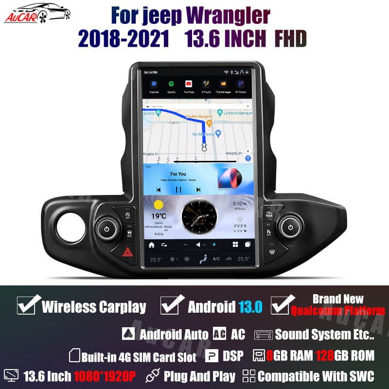 AuCar Tesla Android 13 13.6 inch Car Radio GPS Navigation Android Head Unit for Jeep Wrangler/Gladiator 2018-2021