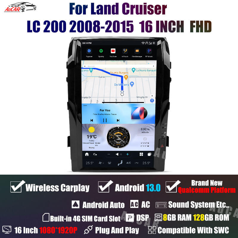 AuCar Tesla Android 13 16.0" Car Radio GPS Navigation For Land Cruiser LC200 2008-2015