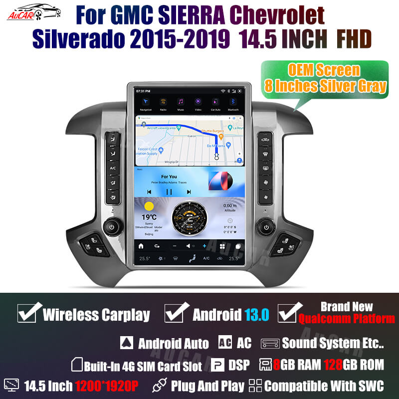 AuCar Tesla Android 13 14.5″ Car Radio GPS Navigation For GMC Sierra Chevrolet Silverado 2015-2019
