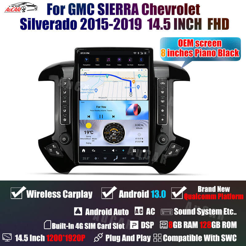 AuCar Tesla Android 13 14.5″ Car Radio GPS Navigation For GMC Sierra Chevrolet Silverado 2015-2019