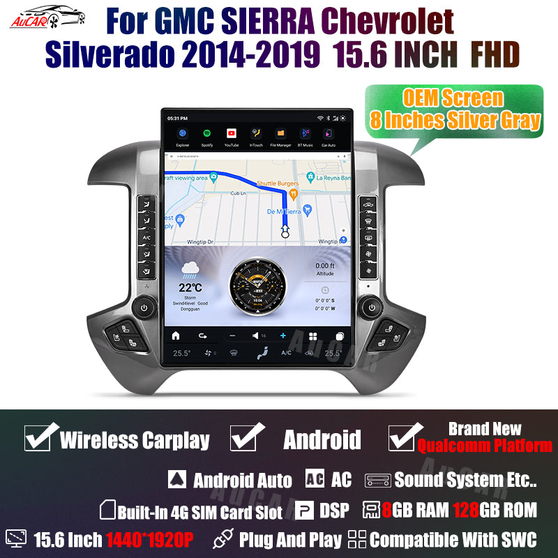 AuCar Tesla Android 13 15.6″ Car Radio GPS Navigation For GMC Sierra Chevrolet Silverado 2015-2019