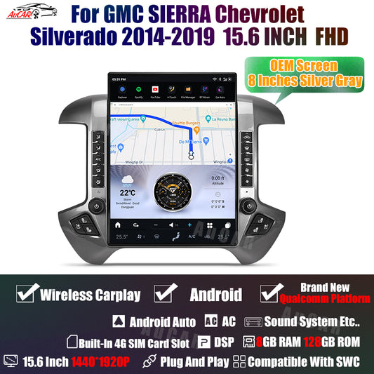 AuCar Tesla Android 13 15.6″ Car Radio GPS Navigation For GMC Sierra Chevrolet Silverado 2015-2019