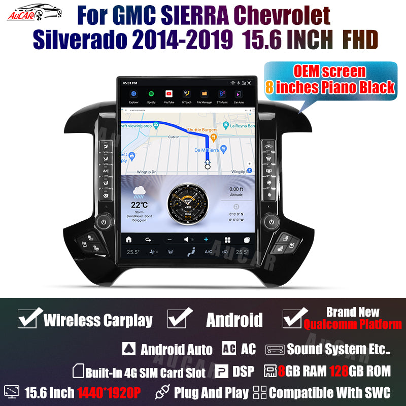 AuCar Tesla Android 13 15.6″ Car Radio GPS Navigation For GMC Sierra Chevrolet Silverado 2015-2019