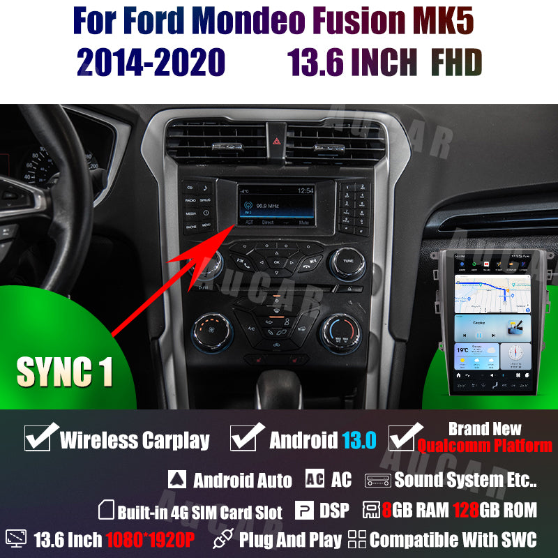 AuCar Tesla Android 13 13.6" Car Radio GPS Navigation For Ford Mondeo Fusion MK5 2014-2020