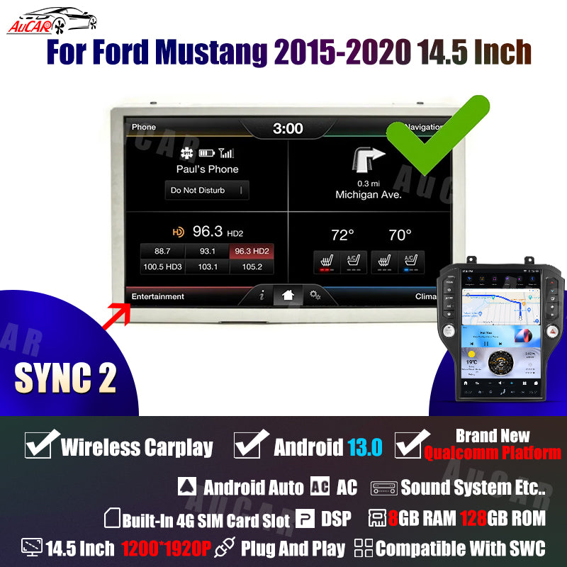 AuCar Tesla Android 13 14.5" Car Radio GPS Navigation For Ford Mustang 2015-2020