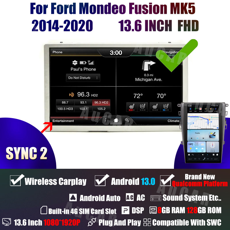 AuCar Tesla Android 13 13.6" Car Radio GPS Navigation For Ford Mondeo Fusion MK5 2014-2020