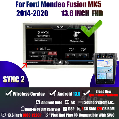 AuCar Tesla Android 13 13.6" Car Radio GPS Navigation For Ford Mondeo Fusion MK5 2014-2020