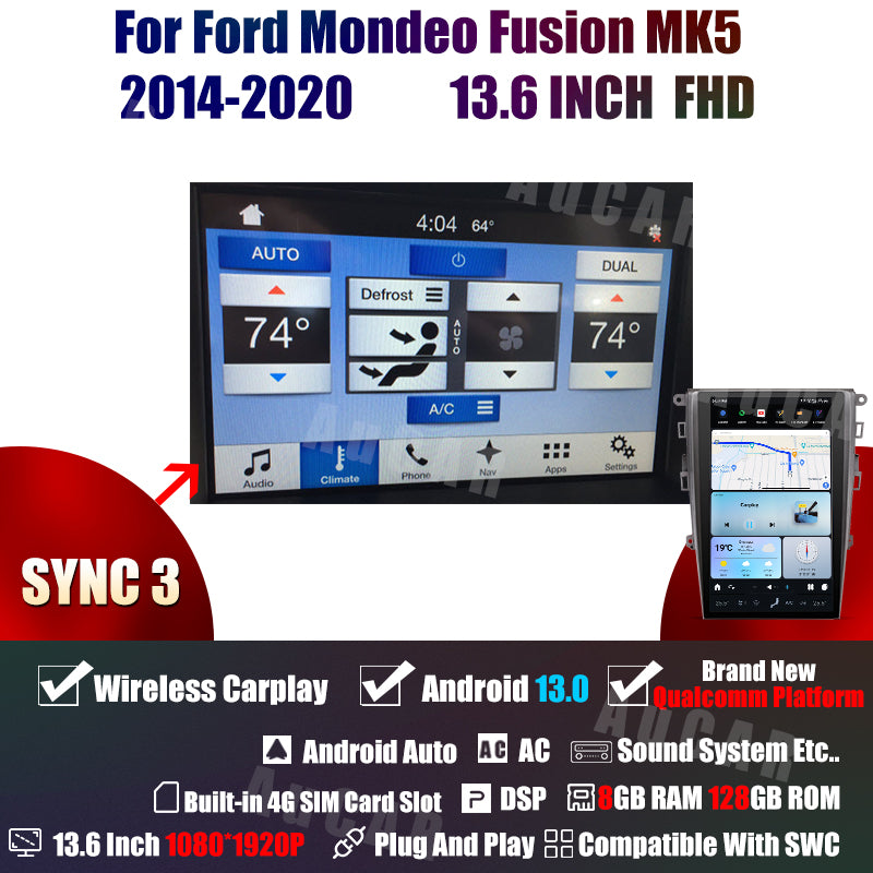 AuCar Tesla Android 13 13.6" Car Radio GPS Navigation For Ford Mondeo Fusion MK5 2014-2020