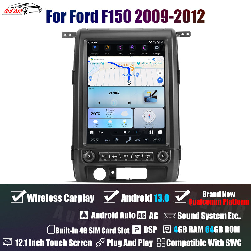 AuCar Tesla Android 13 12.1" Car Radio GPS Navigation For Ford F150 2009-2012