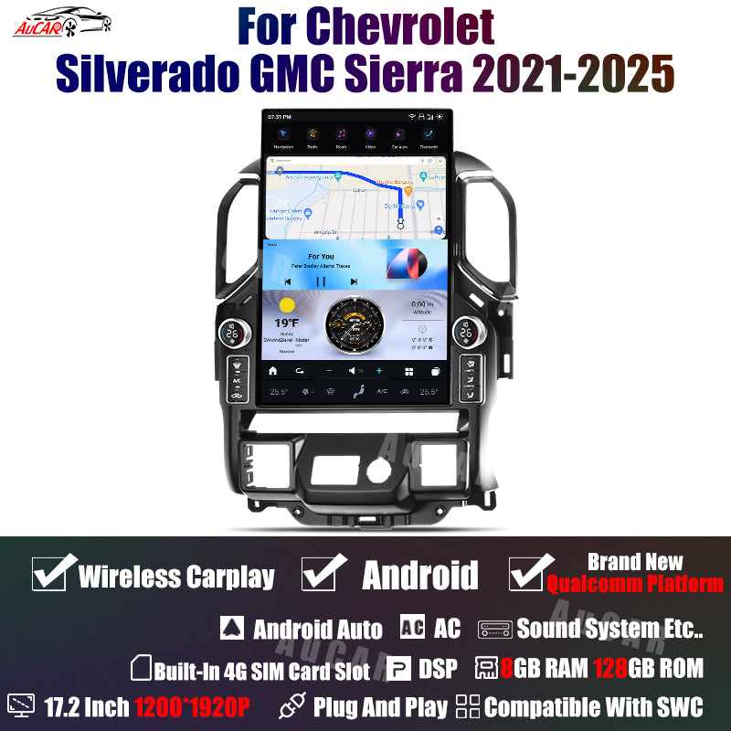 AuCar Tesla Android 14 17.2″ with LED knobs Car Radio GPS Navigation For Chevrolet Silverado GMC Sierra 2019-2024