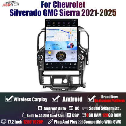 AuCar Tesla Android 14 17.2″ with LED knobs Car Radio GPS Navigation For Chevrolet Silverado GMC Sierra 2019-2024