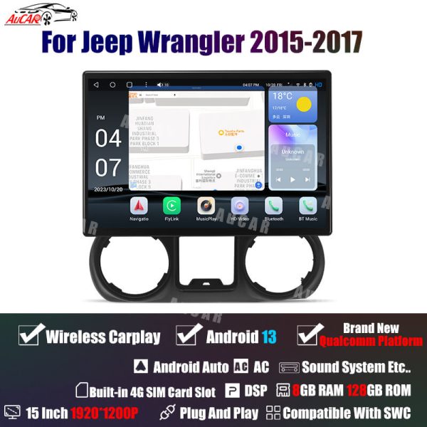 AuCar 15'' Android 13 Car Stereo Player GPS Navigation Jeep Wrangler 2011-2017