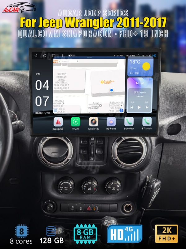 AuCar 15'' Android 13 Car Stereo Player GPS Navigation Jeep Wrangler 2011-2017