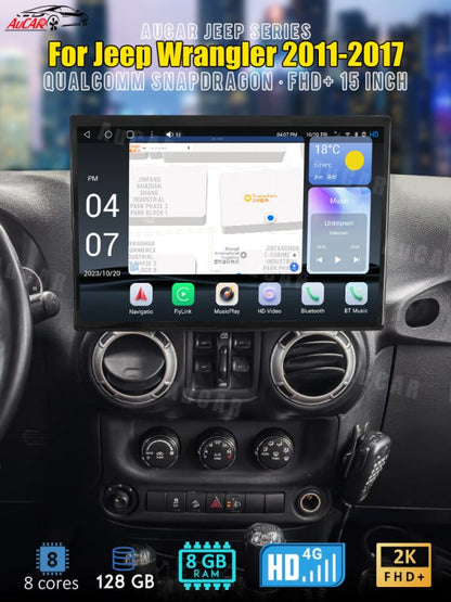 AuCar 15'' Android 13 Car Stereo Player GPS Navigation Jeep Wrangler 2011-2017