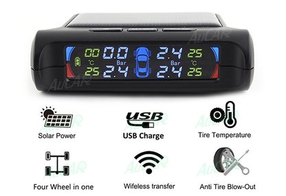 AuCAR LED Car Tire Pressure Monitoring System TPMS Solar Power Wireless LCD Display with 4 Internal Sensor Auto Security Alarm